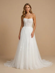 White Strapless Floral Lace Ruched Tulle Wedding Gown