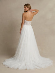 White Strapless Floral Lace Ruched Tulle Wedding Gown