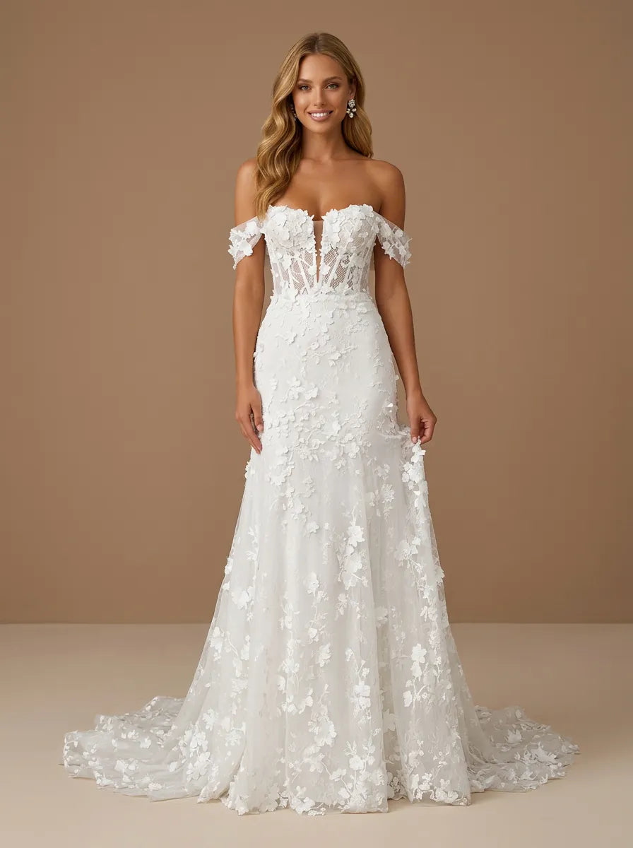 Off the Shoulder 3D Floral Lace Mermaid Wedding Gown with Corset