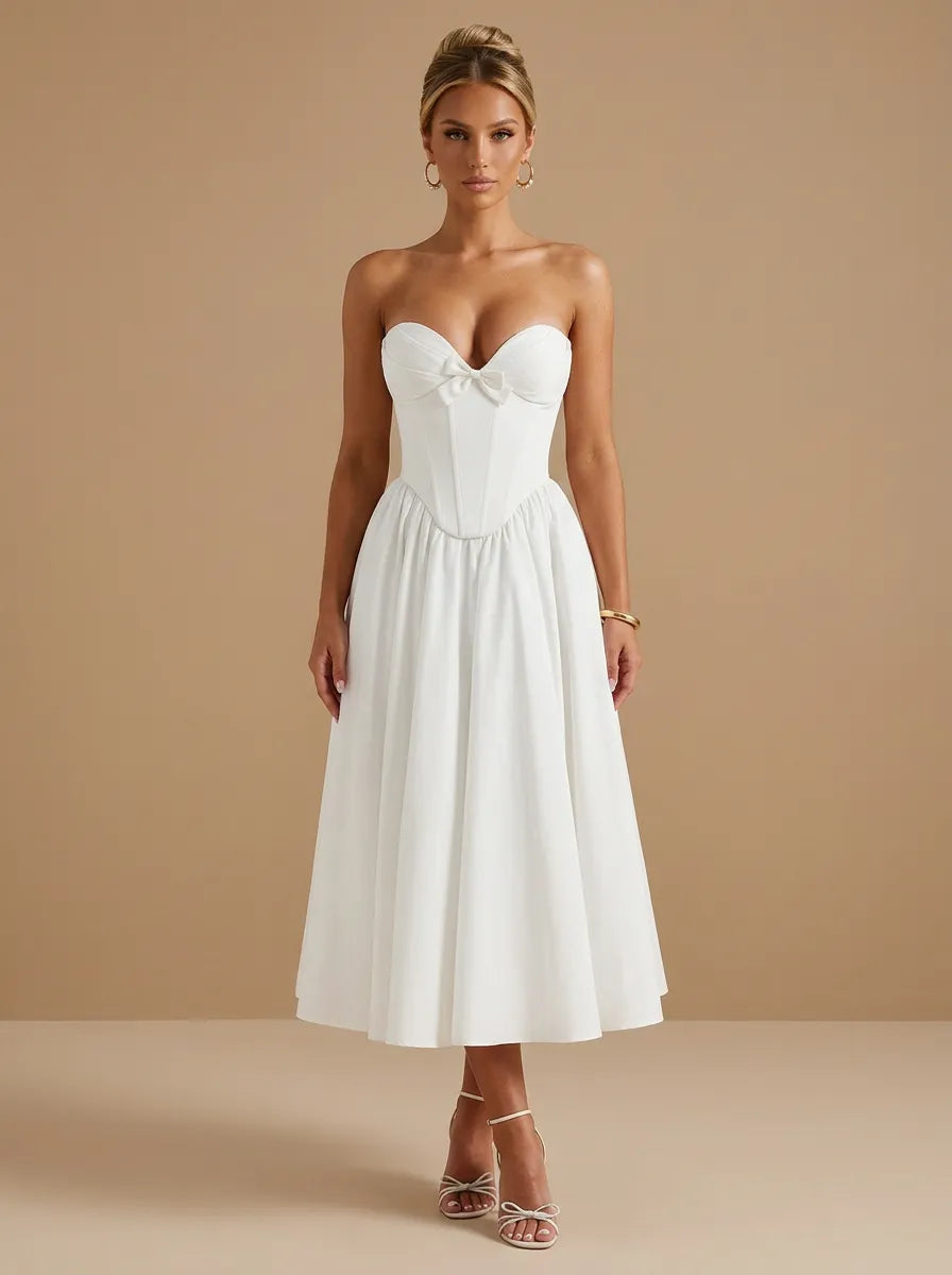 Strapless Sweetheart Satin Corset Tea-Length Bridal Dress with Bow