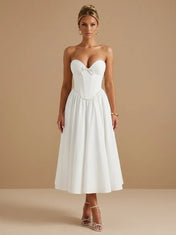 Strapless Sweetheart Satin Corset Tea-Length Bridal Dress with Bow