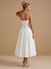 Strapless Sweetheart Satin Corset Tea-Length Bridal Dress with Bow