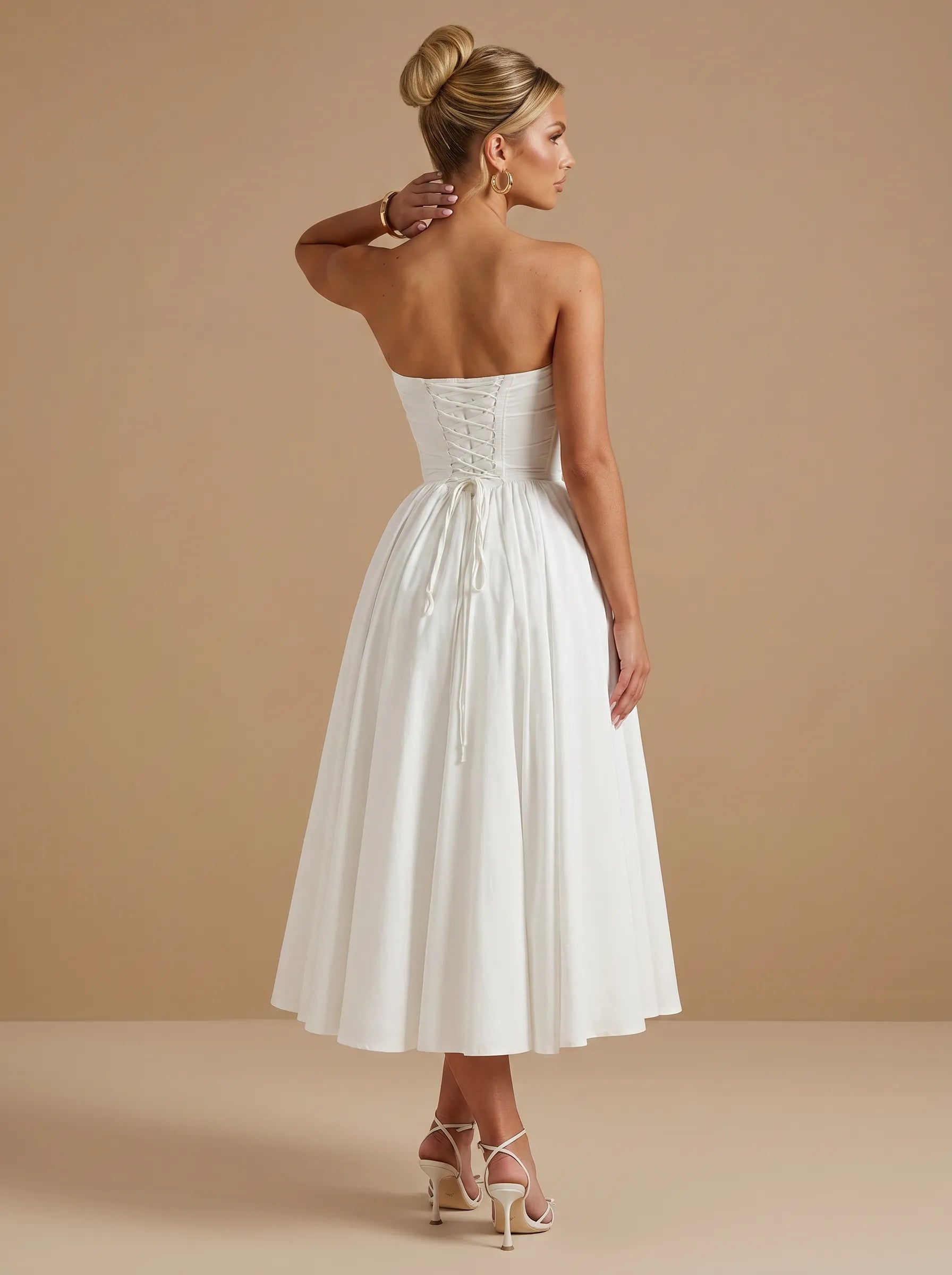 Strapless Sweetheart Satin Corset Tea-Length Bridal Dress with Bow