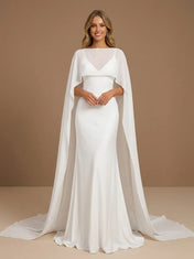 Scoop Neck Satin Mermaid Floor-Length Wedding Gown with Cape
