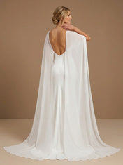Scoop Neck Satin Mermaid Floor-Length Wedding Gown with Cape