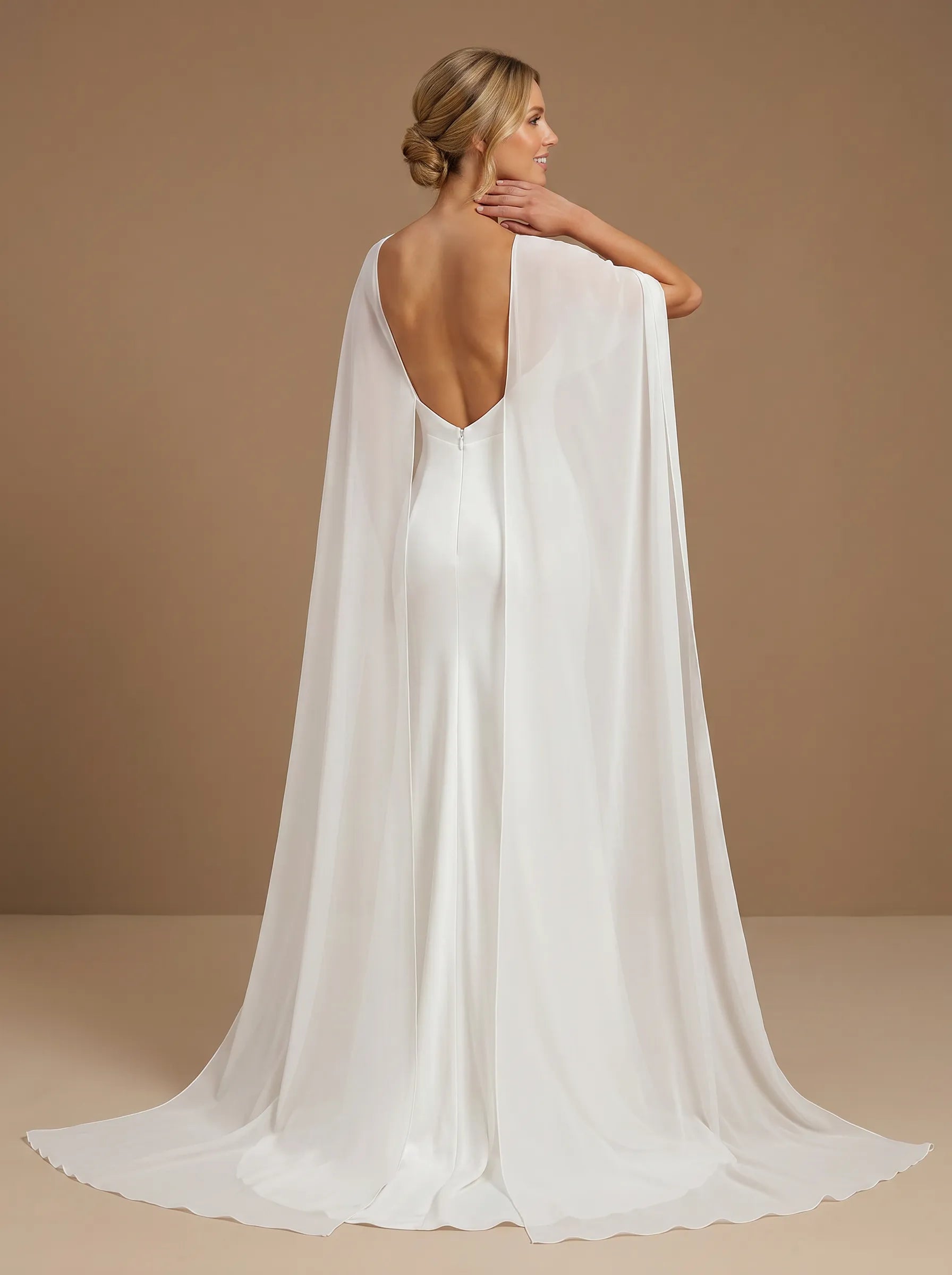 Scoop Neck Satin Mermaid Floor-Length Wedding Gown with Cape