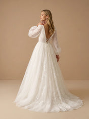 V-Neck Long Puff Lantern Sleeves Tulle Corset Bridal Gown