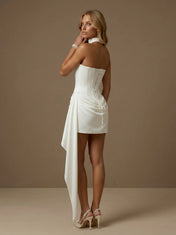 Strapless Cowl Neck Satin Bridal Mini Wedding Dress with Corset