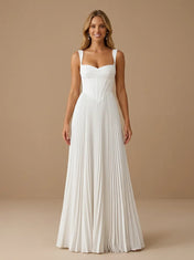 Square Neck Satin Pleat Corset A Line Chiffon Bridal Gown