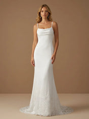 Spaghetti Strap Cowl Neck Satin Mermaid Wedding Gown with Lace Applique