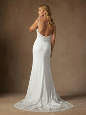 Spaghetti Strap Cowl Neck Satin Mermaid Wedding Gown with Lace Applique