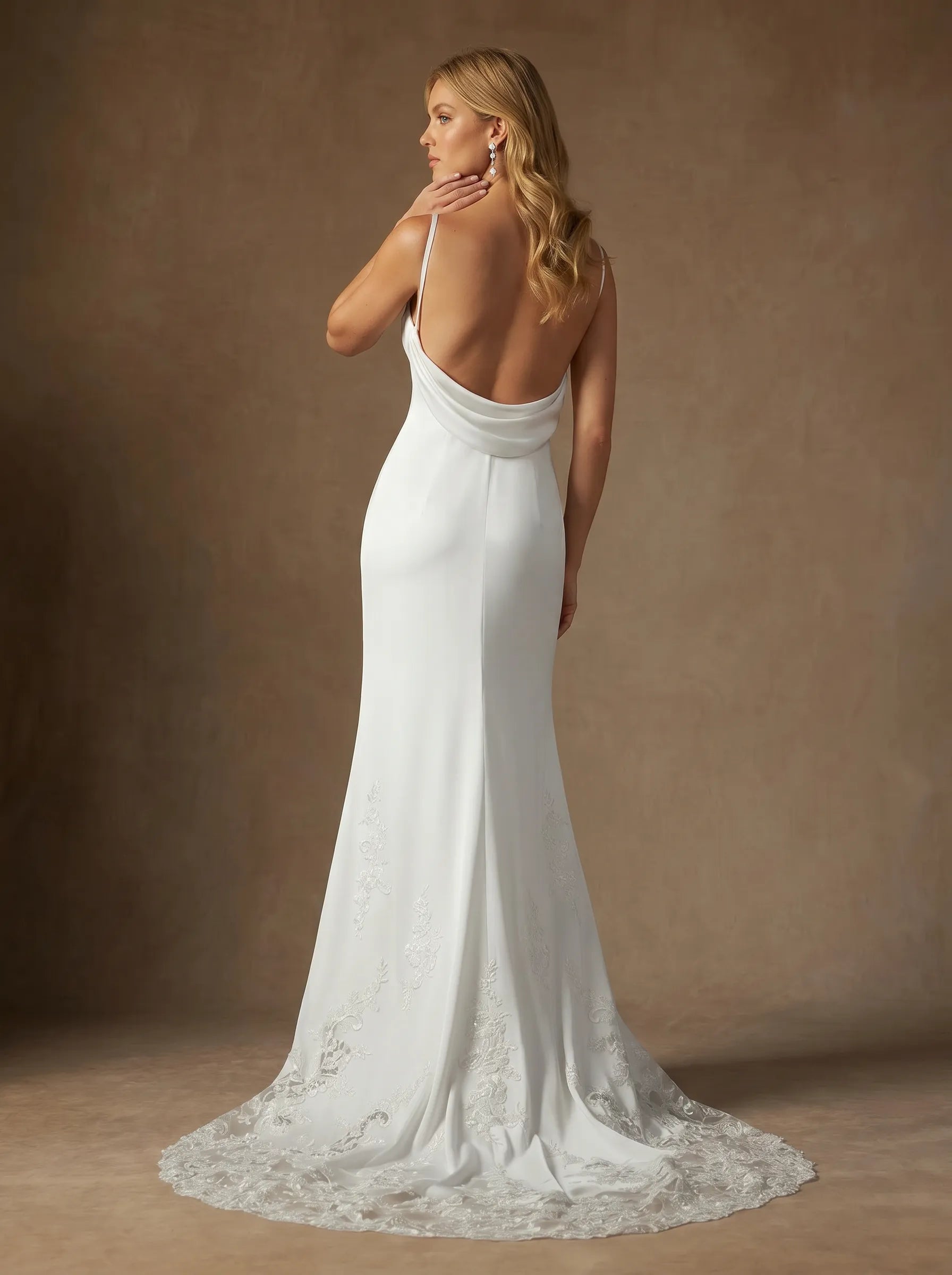 Spaghetti Strap Cowl Neck Satin Mermaid Wedding Gown with Lace Applique