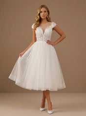 Scoop Neck Sequin Lace Applique Cap Sleeves Tea-Length Tulle Bridal Dress