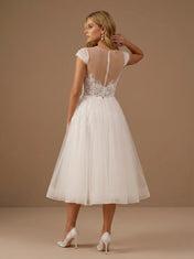 Scoop Neck Sequin Lace Applique Cap Sleeves Tea-Length Tulle Bridal Dress