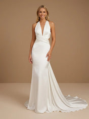 Halter V-Neck Satin Mermaid Criss-Cross Waist Wedding Gown with Train