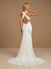 Halter V-Neck Satin Mermaid Criss-Cross Waist Wedding Gown with Train