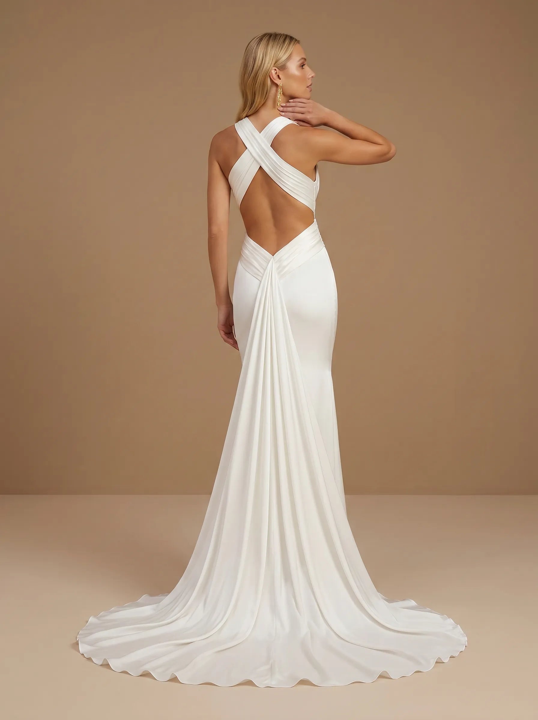 Halter V-Neck Satin Mermaid Criss-Cross Waist Wedding Gown with Train