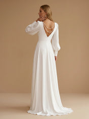 Deep V-Neck Satin A-Line Wedding Gown with Long Lantern Sleeves