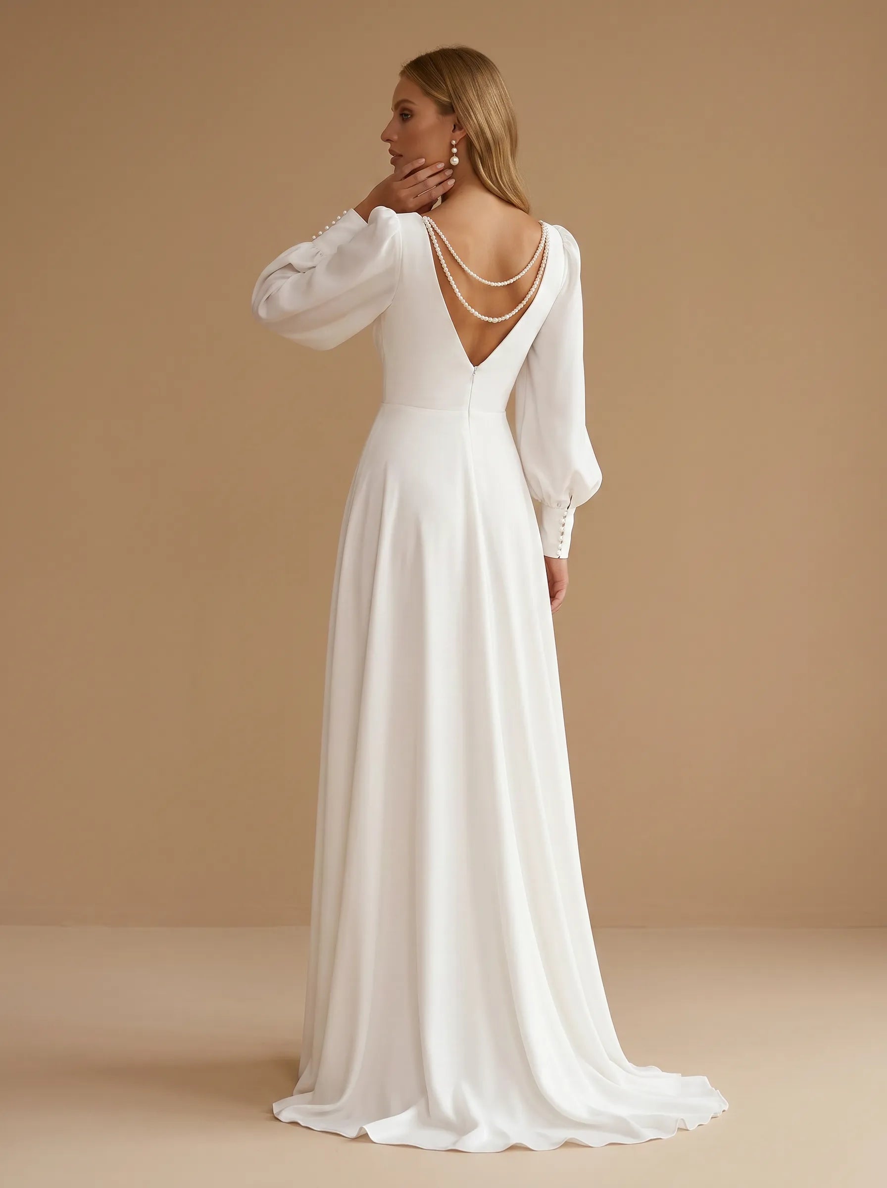 Deep V-Neck Satin A-Line Wedding Gown with Long Lantern Sleeves