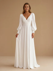 Deep V-Neck Satin A-Line Wedding Gown with Long Lantern Sleeves