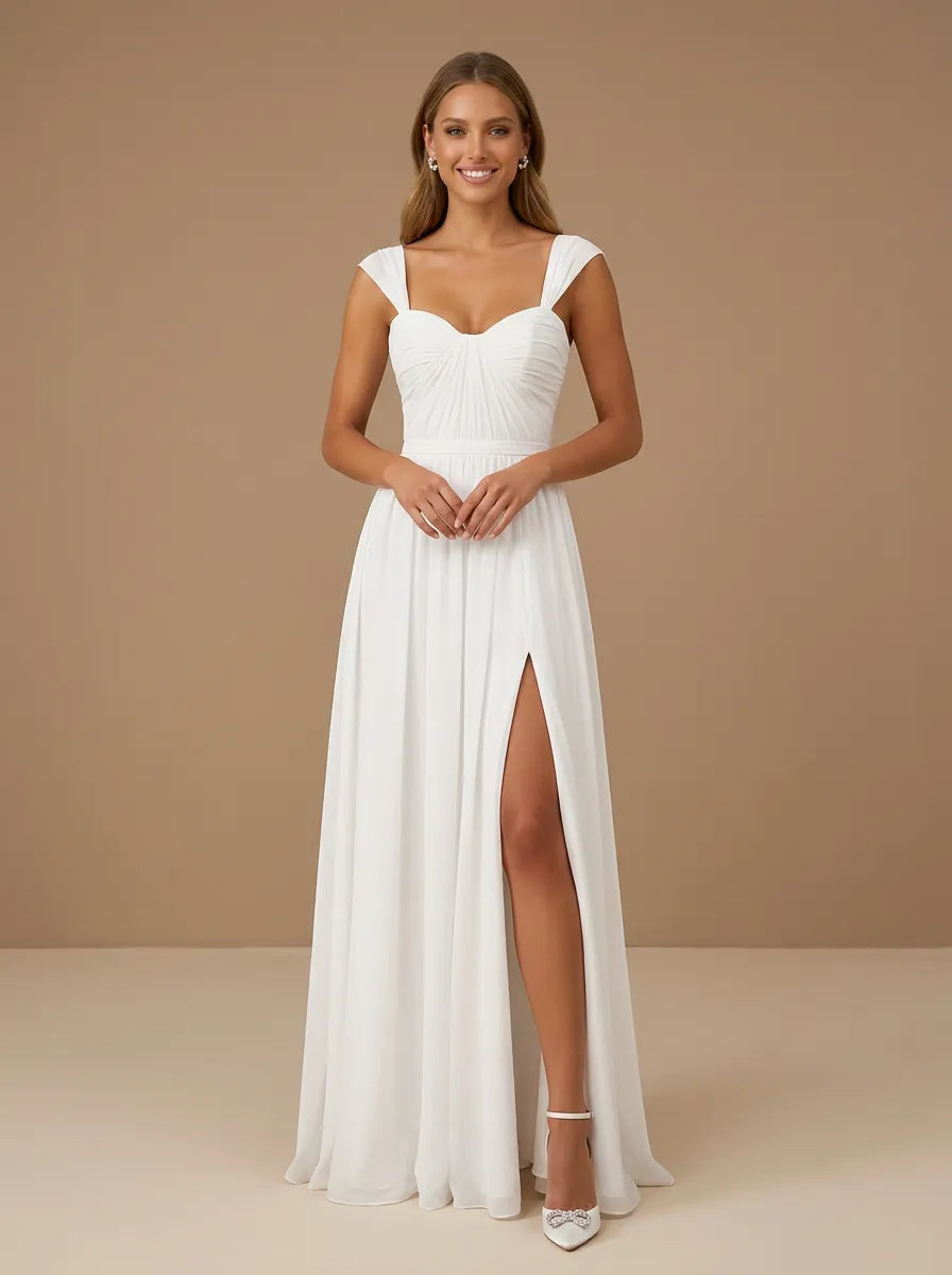 Sweetheart Neck Ruched Chiffon Wedding Gown with High Slit
