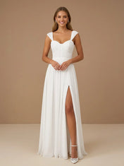 Sweetheart Neck Ruched Chiffon Wedding Gown with High Slit