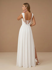 Sweetheart Neck Ruched Chiffon Wedding Gown with High Slit