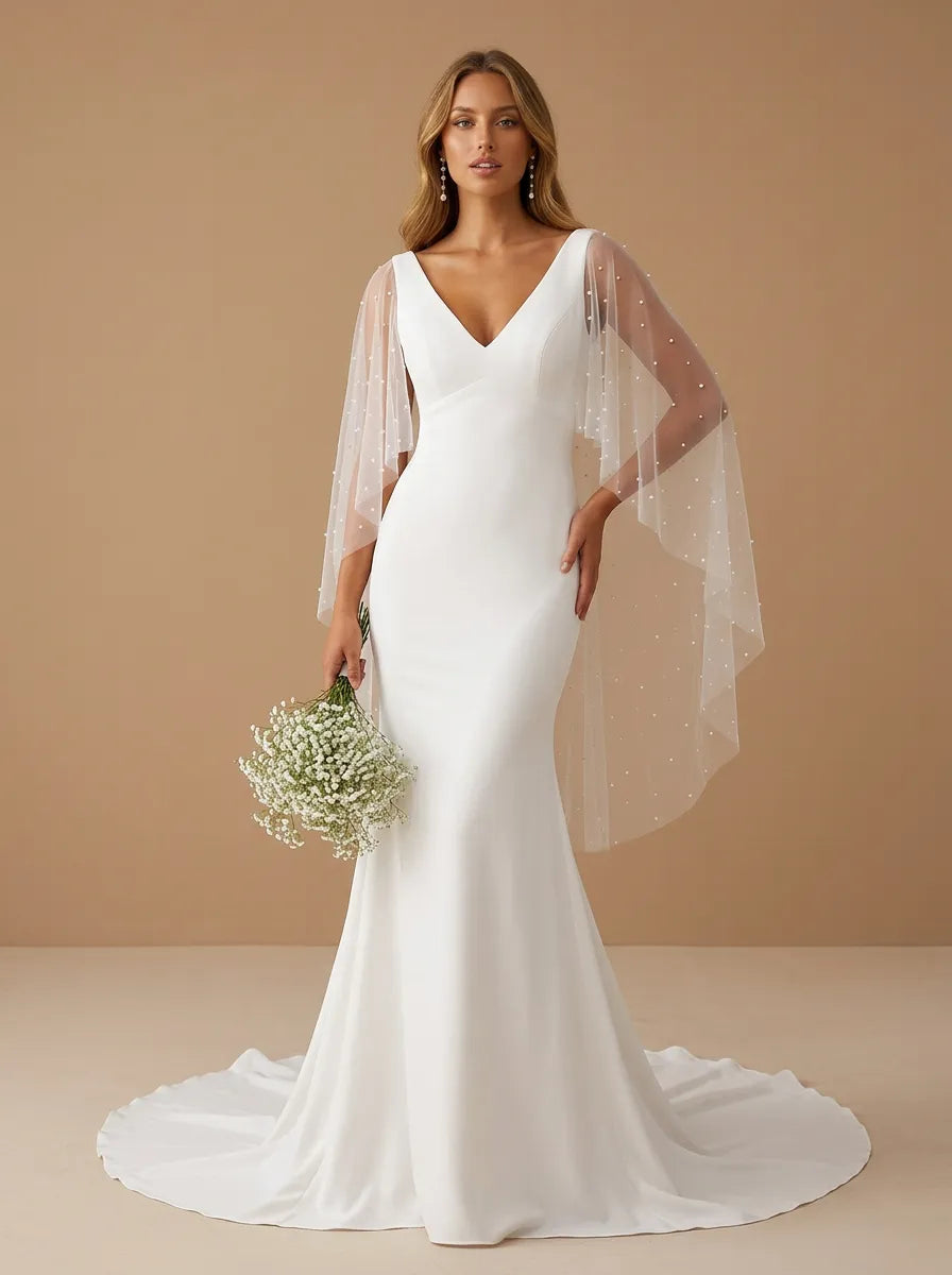 Elegant V-Neck Satin Mermaid Wedding Gown with Cape Sleeves