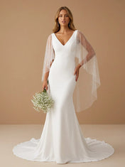 Elegant V-Neck Satin Mermaid Wedding Gown with Cape Sleeves