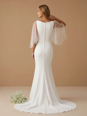 Elegant V-Neck Satin Mermaid Wedding Gown with Cape Sleeves