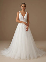 Deep V-Neck Lace Applique Tulle A-Line Bridal Gown