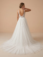 Deep V-Neck Lace Applique Tulle A-Line Bridal Gown