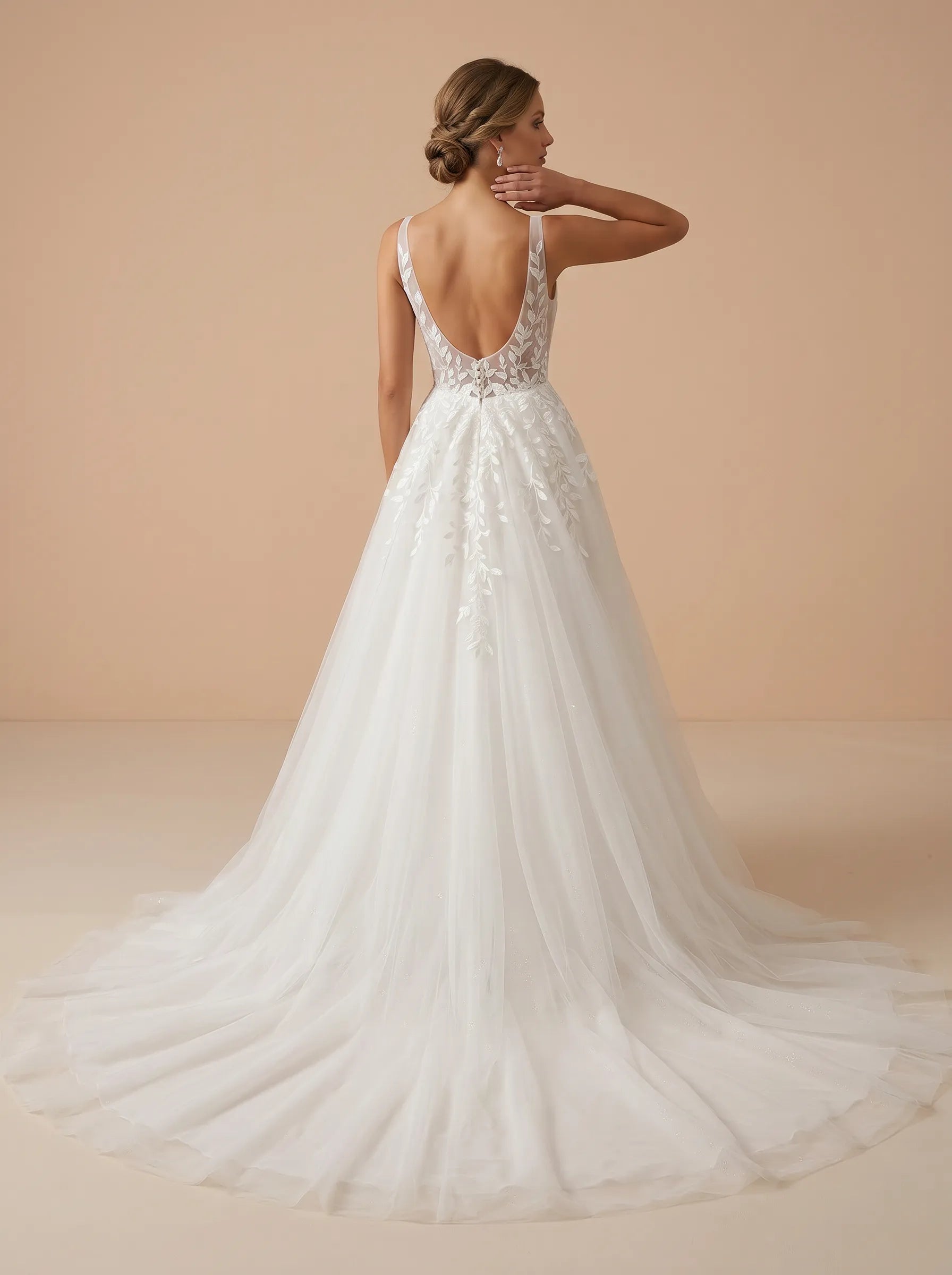 Deep V-Neck Lace Applique Tulle A-Line Bridal Gown
