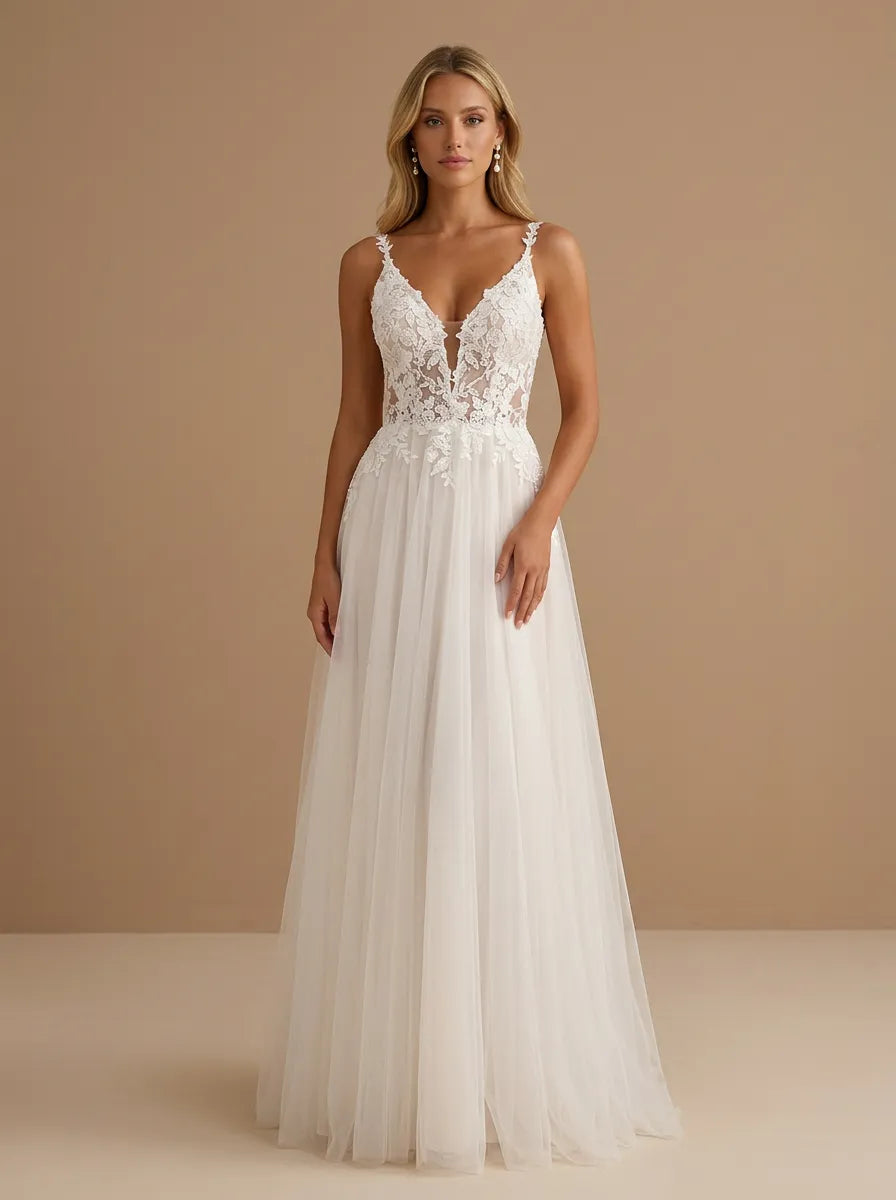 V-Neck Spaghetti Strap Lace Applique Tulle A-Line Bridal Gown