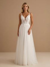 V-Neck Spaghetti Strap Lace Applique Tulle A-Line Bridal Gown