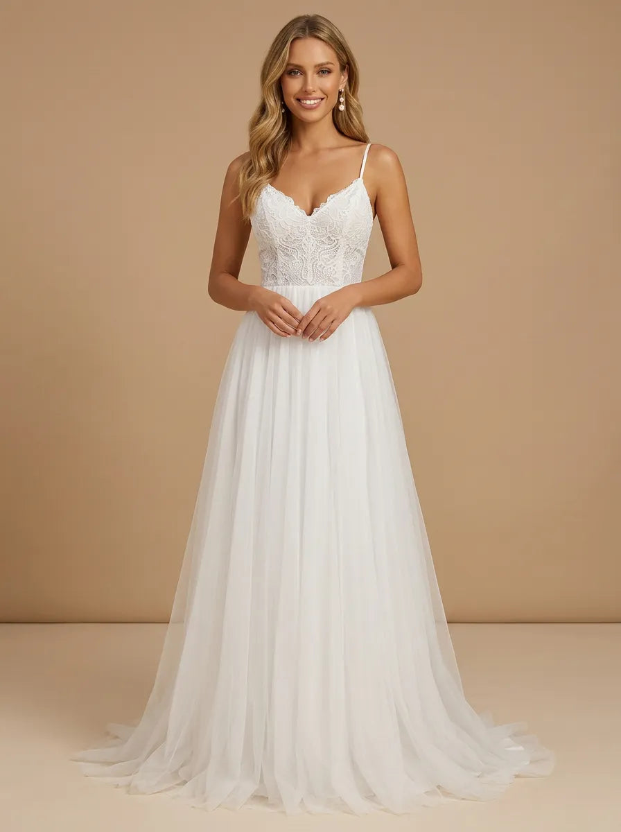 Spaghetti Strap V-Neck Lace Bodice Tulle A-Line Wedding Gown
