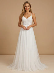 Spaghetti Strap V-Neck Lace Bodice Tulle A-Line Wedding Gown