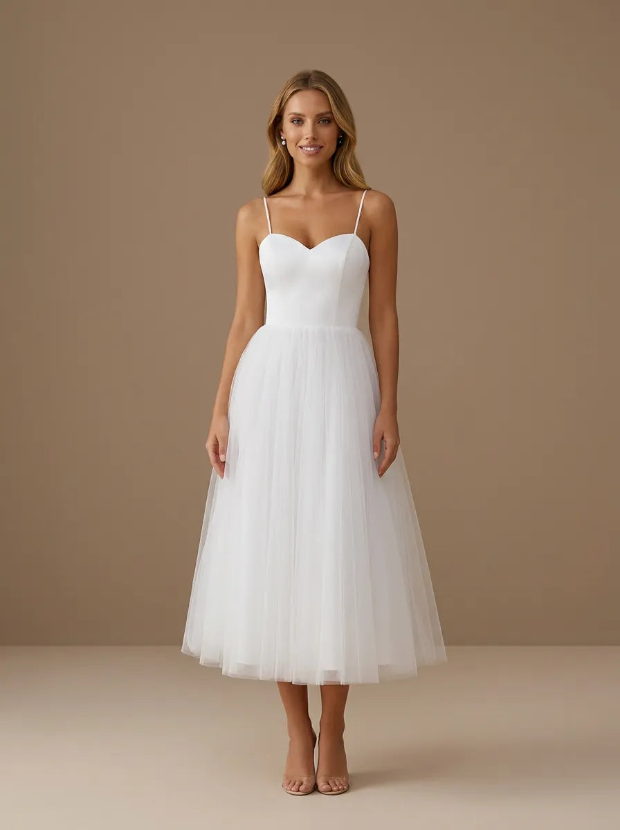 Sweetheart Neck Spaghetti Strap Satin Tea-Length Tulle Bridal Dress