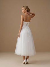 Sweetheart Neck Spaghetti Strap Satin Tea-Length Tulle Bridal Dress
