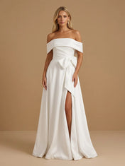 Off the Shoulder High Slit Satin A Line Bridal Gown with Bow