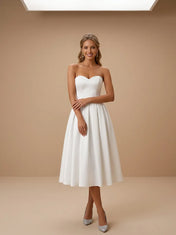 Sweetheart Satin Tea-Length Bridal Dress with Pleat