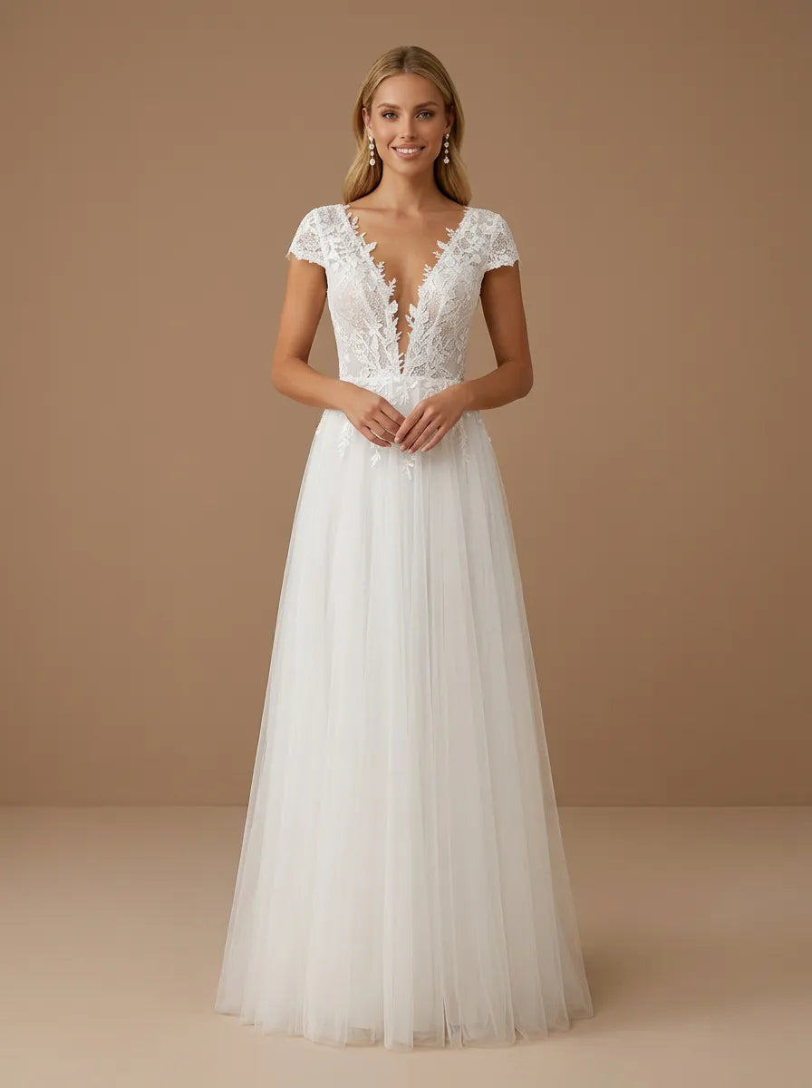 V-Neck Lace Applique Tulle A-Line Wedding Gown with Cap Sleeves