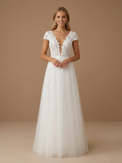 V-Neck Lace Applique Tulle A-Line Wedding Gown with Cap Sleeves