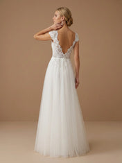 V-Neck Lace Applique Tulle A-Line Wedding Gown with Cap Sleeves