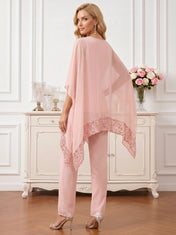 Round Neck Asymmetric Chiffon Poncho Pant Set with Shimmering Sequin Trim