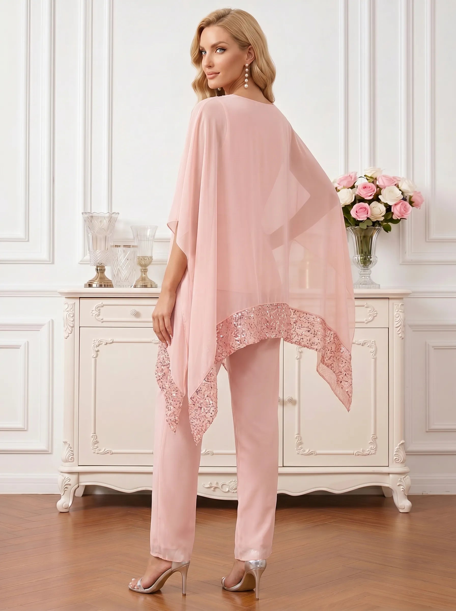 Round Neck Asymmetric Chiffon Poncho Pant Set with Shimmering Sequin Trim