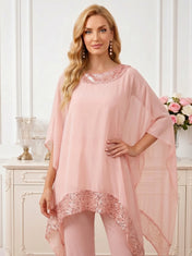 Round Neck Asymmetric Chiffon Poncho Pant Set with Shimmering Sequin Trim