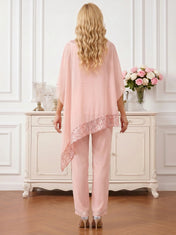 Round Neck Asymmetric Chiffon Poncho Pant Set with Shimmering Sequin Trim