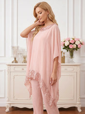 Round Neck Asymmetric Chiffon Poncho Pant Set with Shimmering Sequin Trim
