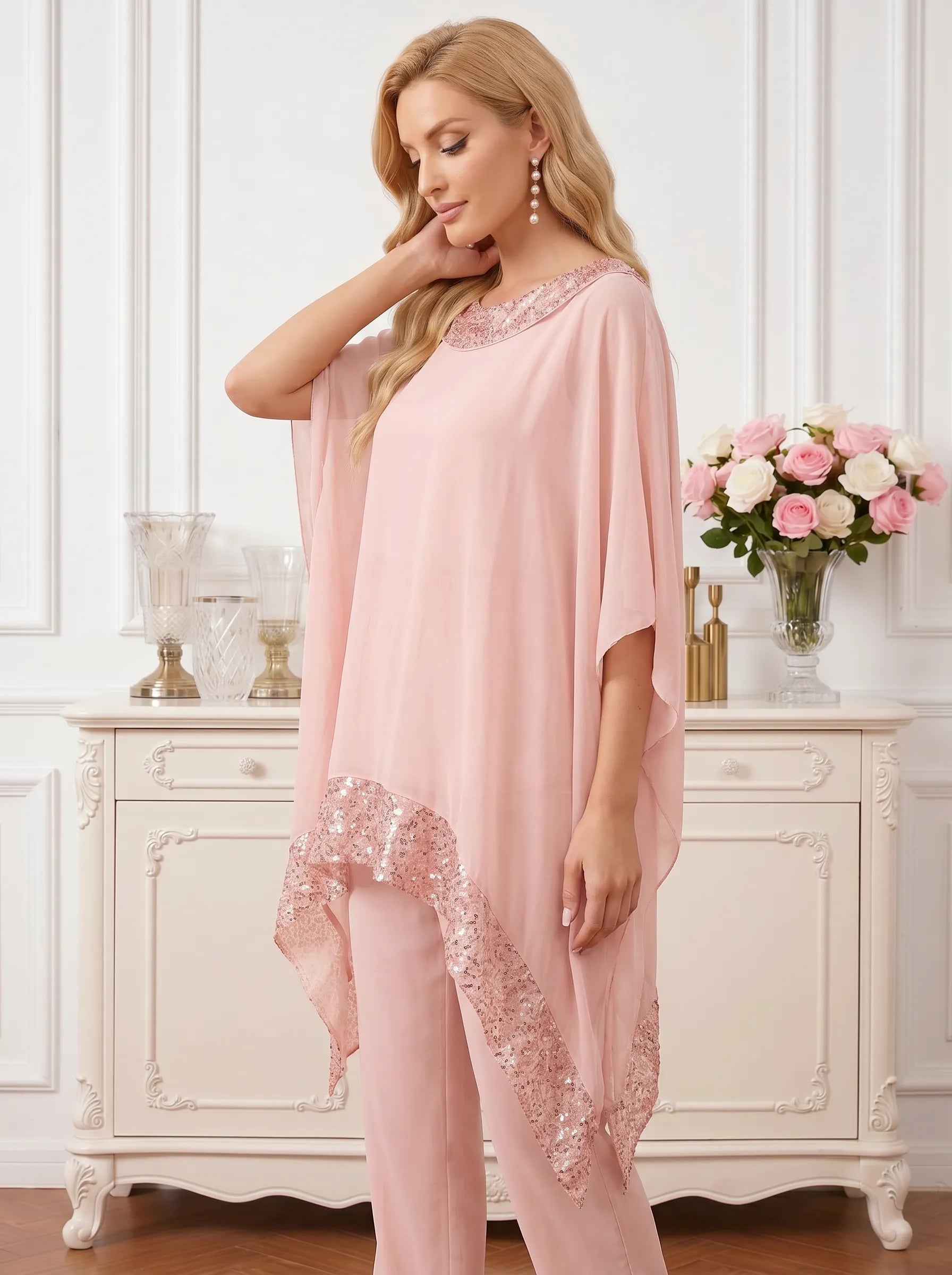 Round Neck Asymmetric Chiffon Poncho Pant Set with Shimmering Sequin Trim